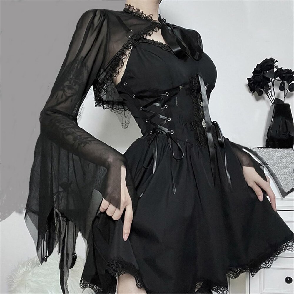 Women's Black 4 Goth Bell Long Sleeve Bolero Shrug Crop Top - Picture 2 of 6